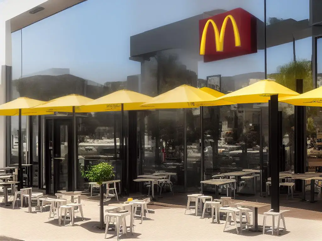 An image showing the exterior of a McDonald's restaurant in Israel, with Hebrew writing on the sign and some outdoor seating.