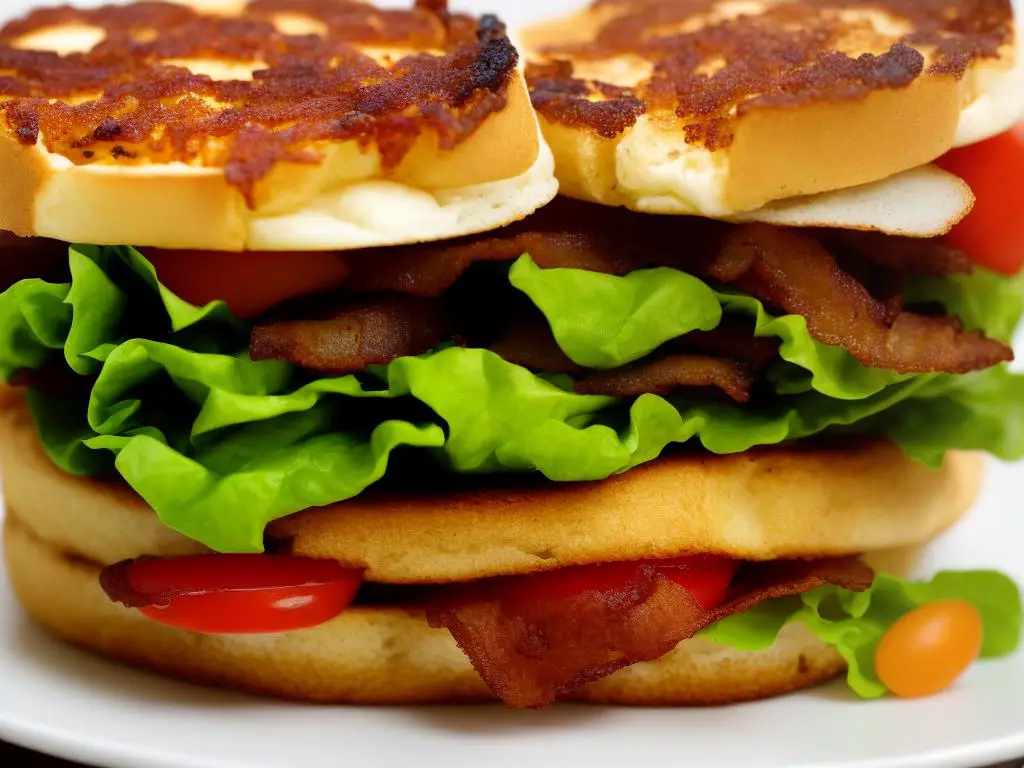 A picture of a McDonald's Korea BLT Egg McMuffin with crispy bacon, lettuce, tomato, and a special sauce on a toasted English muffin.