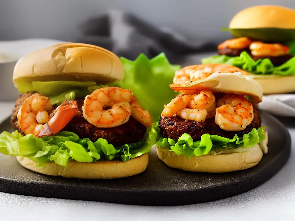 a picture of the Supreme Shrimp Burger with a shrimp patty, lettuce, and onion sauce on a soft bun
