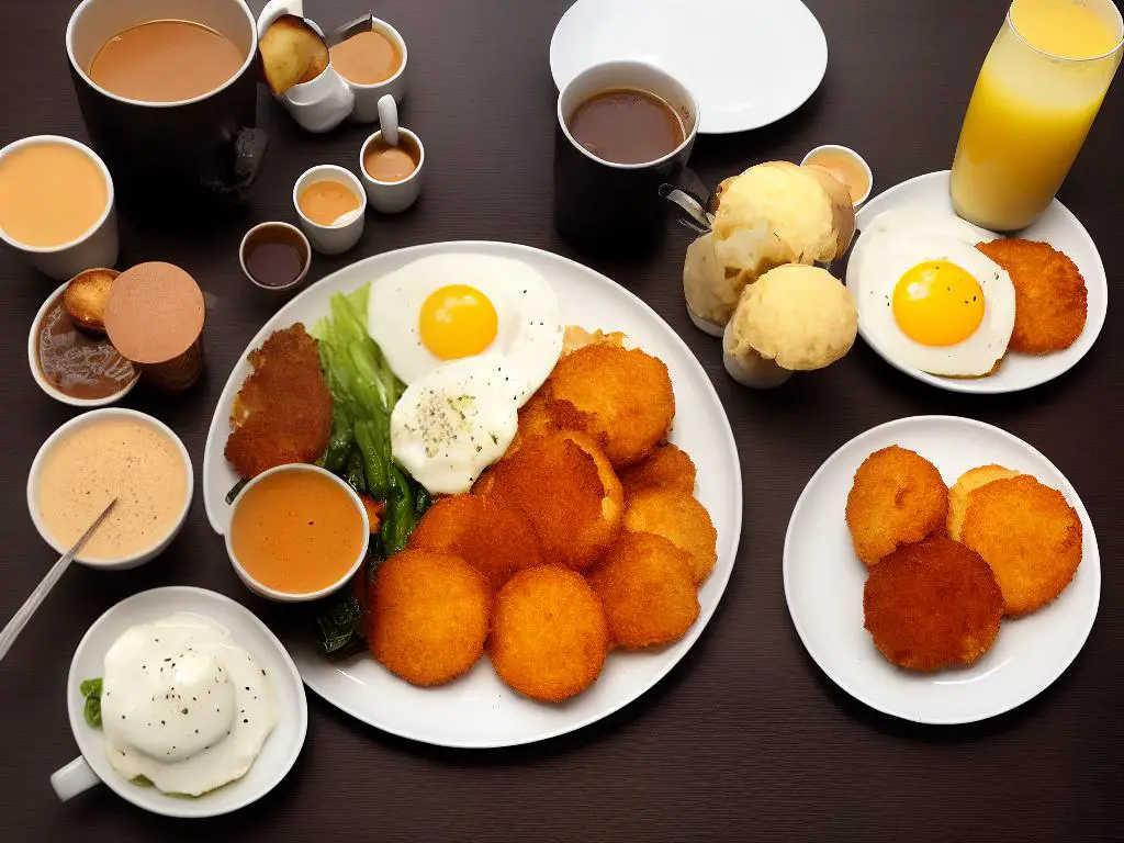A picture of McDonald's Malaysia Big Breakfast consisting of a plate with scrambled egg, a chicken sausage, hot toasted English muffins, and a hash brown with a cup of coffee on the side.