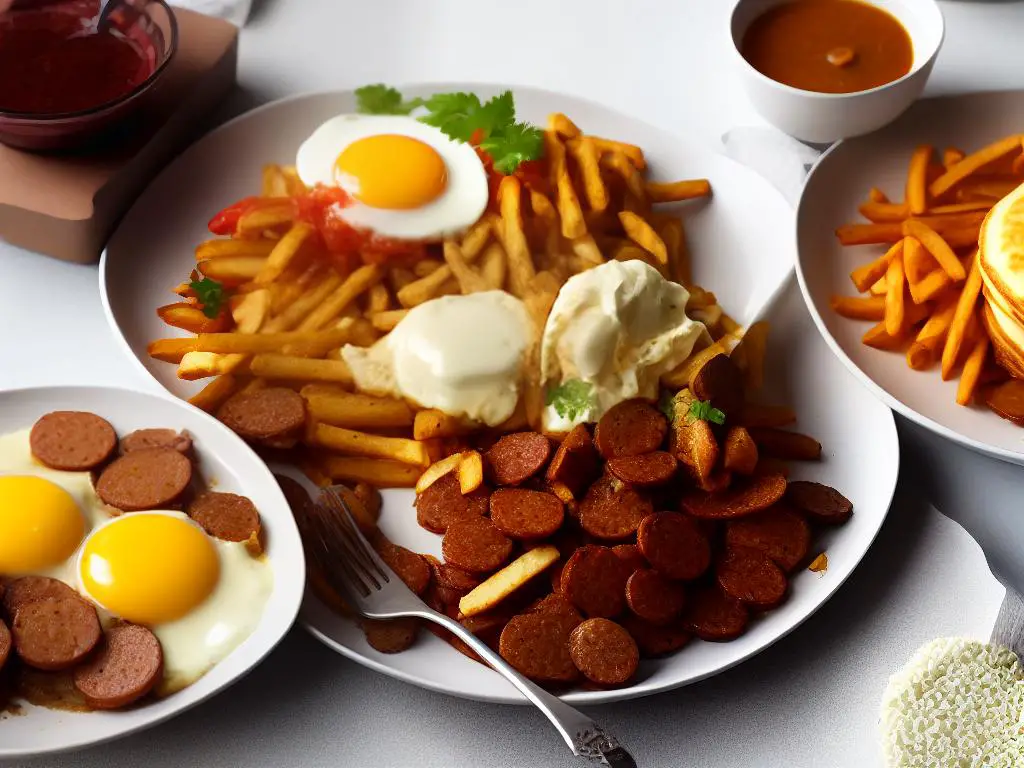 A close-up image of the McDonald's Malaysia Big Breakfast meal, with hotcakes, scrambled egg, sausage, and World Famous Fries on a plate