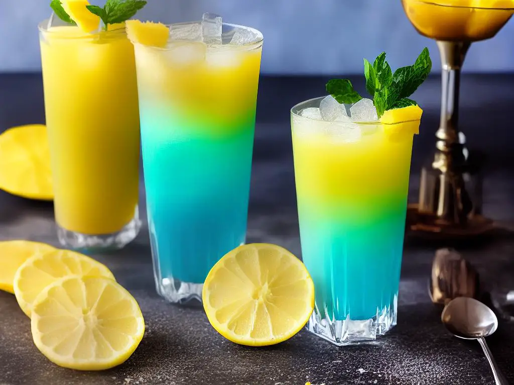 A tall glass of yellow and blue colored drink with ice and slices of pineapple, representing the McDonald's Morocco McFizz Pina Colada drink.