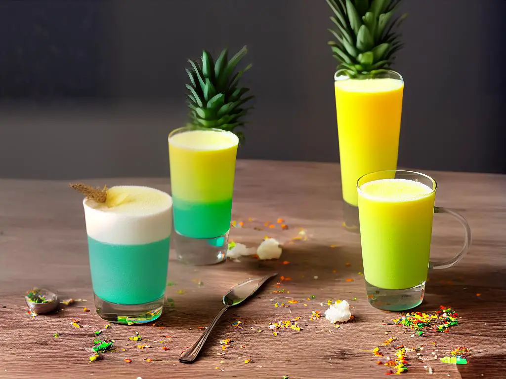 A bubbly and colourful drink with layers of yellow and white foam, a green and white striped straw and pieces of pineapple on top of the foam.