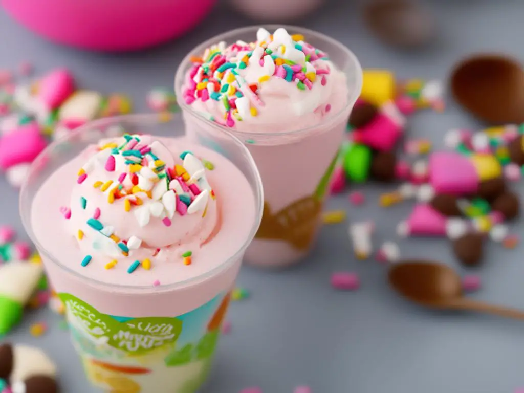 A picture of a cup with a spoon inside filled with pink and white swirl of ice cream and candy pieces on top. The image is a McDonald's McFlurry cup.