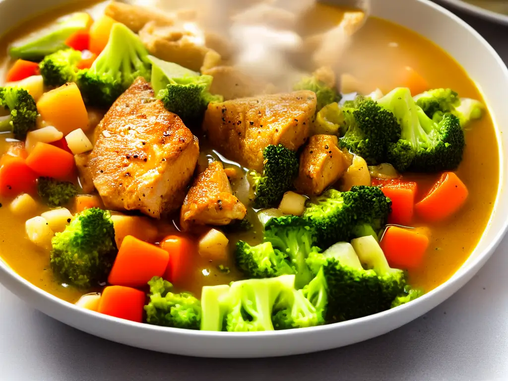 A photo of a bowl of McSoup with steam coming off it. It has chicken and vegetables in it with a creamy consistency.