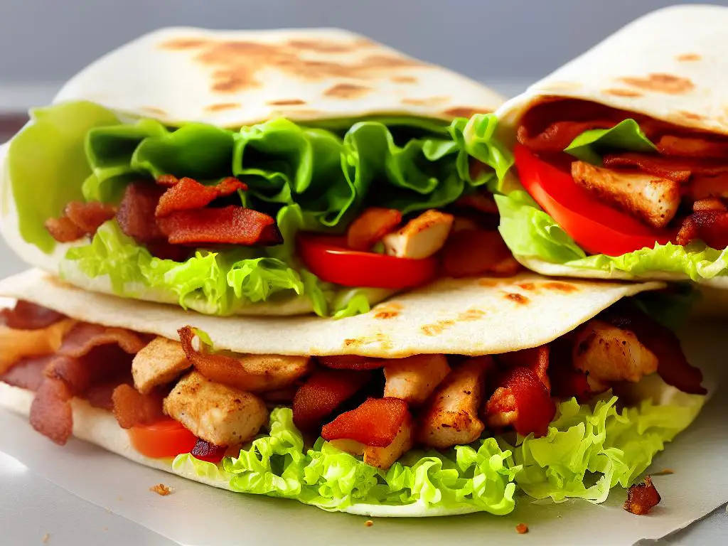 A picture of a McDonald's McWrap Chicken crujiente & Bacon sandwich with crispy chicken, lettuce, tomato, and bacon wrapped in a tortilla.