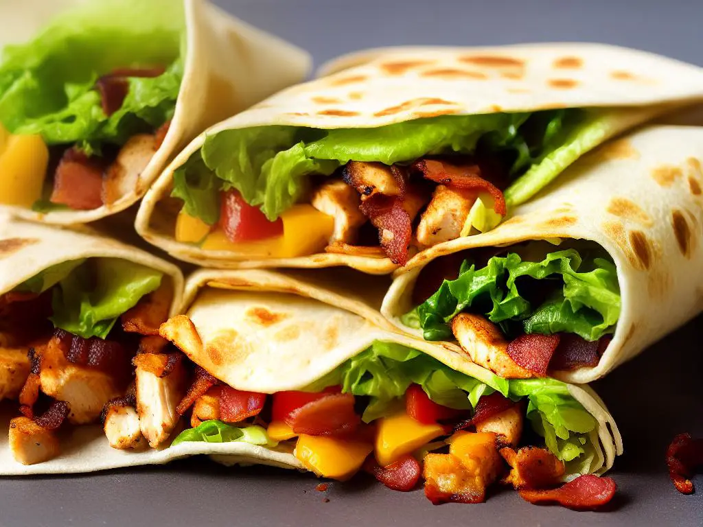 A picture of a McDonald's McWrap Chicken crujiente & Bacon, crispy chicken, bacon, and vegetables wrapped in a tortilla