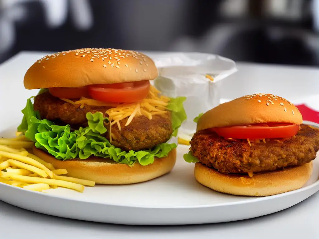 A picture of Le Chicken Mythic, a unique burger with a chicken patty, Maghrebi-spiced sauce, lettuce, tomatoes and cheese in a soft bun, which is a popular dish in McDonald's Morocco and an example of how McDonald's has successfully catered to the preferences of its Moroccan patrons. The image shows the burger with a flag of Morocco in the background to represent its popularity in the country and its contribution to the local economy.
