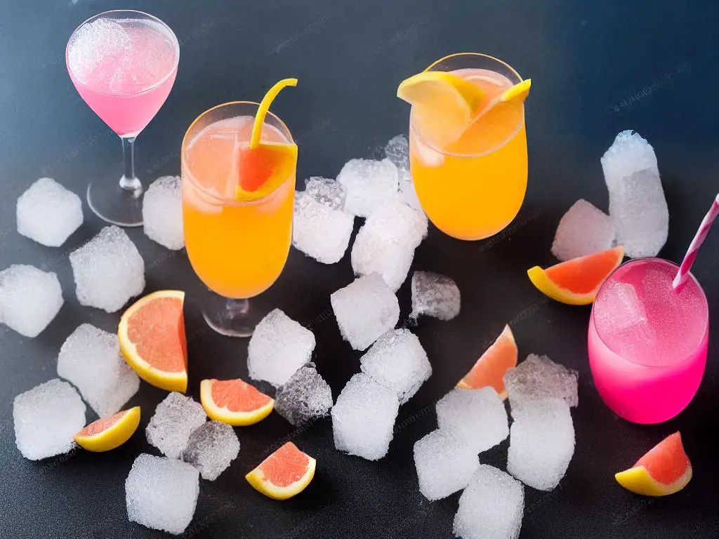 A cold glass of pink fizzy drink with grapefruit wedge on top and ice cubes against a yellow background