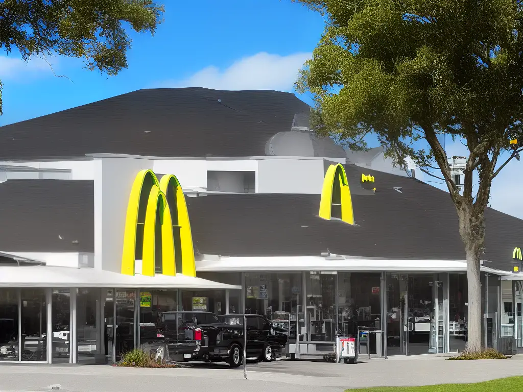 A picture of the outside of a McDonald's restaurant in New Zealand. The golden arches are visible on the roof of the building, and a sign displays the McDonald's logo.