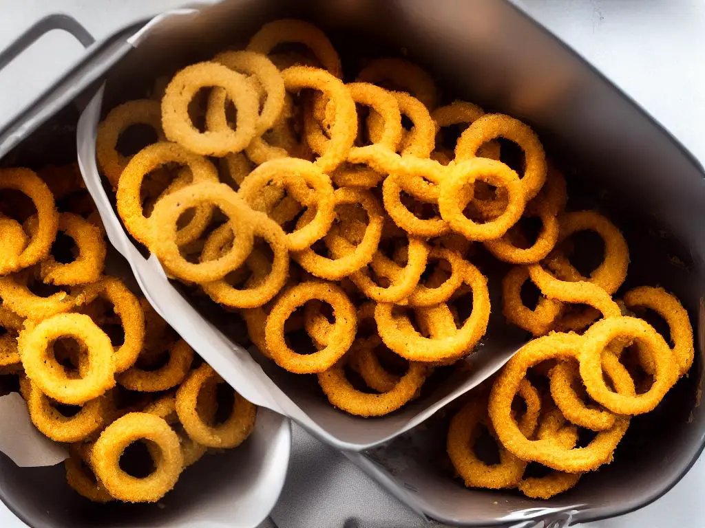 A picture of McDonald's onion rings in a cardboard container. The onion rings are golden brown and crispy-looking, and there are several visible in the container with a side of ketchup.