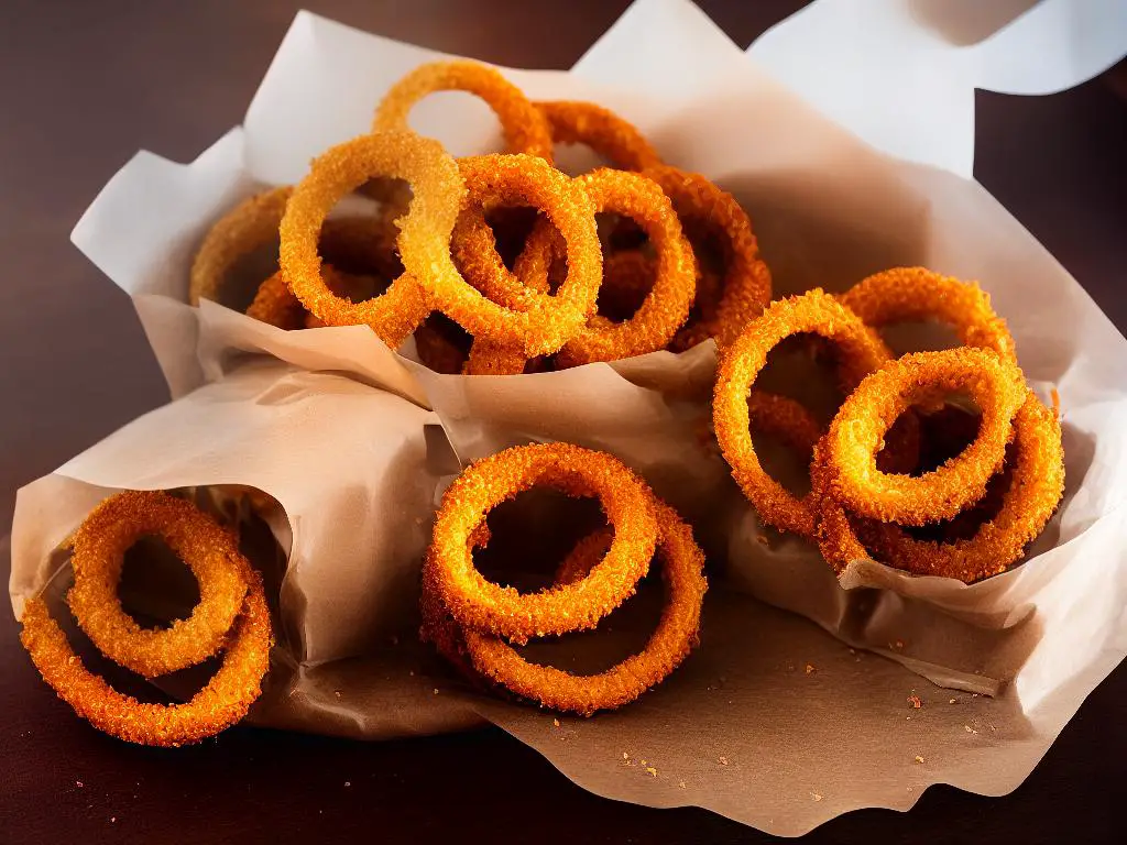An image of delicious and crispy onion rings from McDonald's Israel. The crunchy and golden brown onion rings are served in a paper bag and accompanied by a red dipping sauce cup.