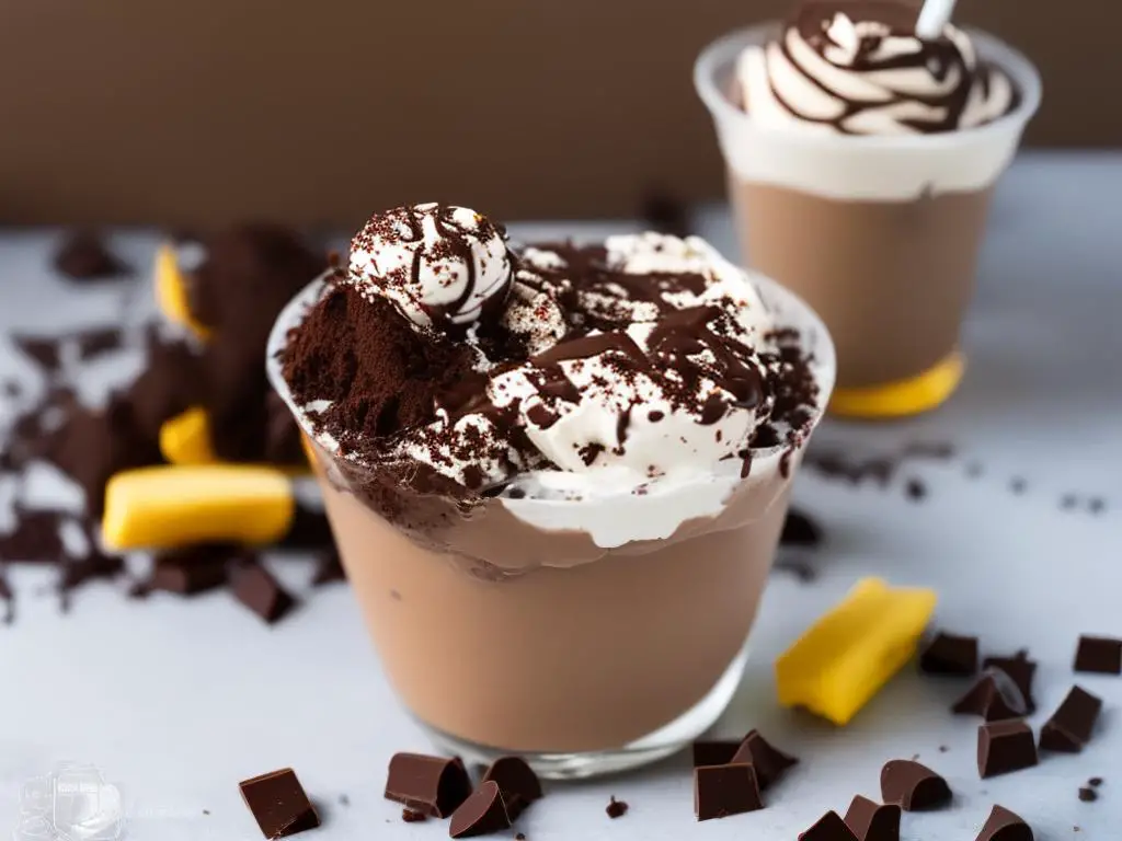 A photo of a McDonald's Ovomaltine McFlurry in a clear plastic cup topped with chocolate syrup and Ovomaltine powder.