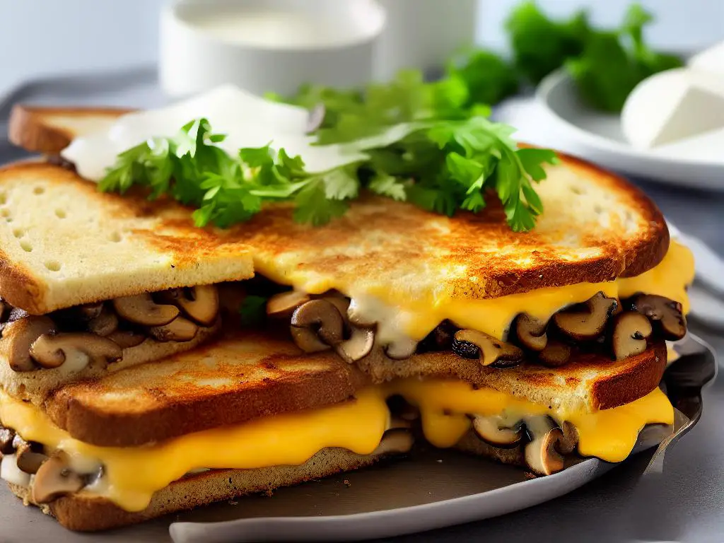 A picture of the McDonald's Poland Cheese and Mushroom McToast sandwich, which features mushrooms and cheese.