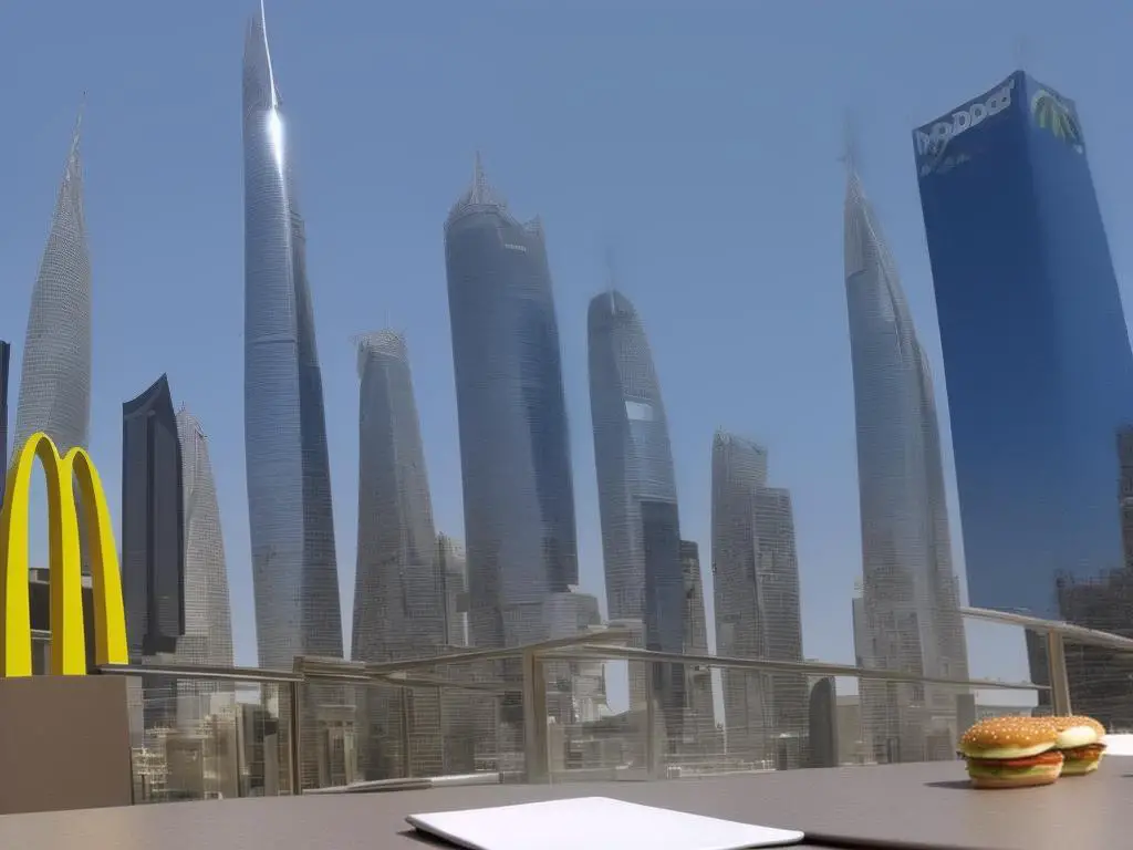 A picture of McDonald's logo and a burger on the table in front of a skyscraper in Saudi Arabia.