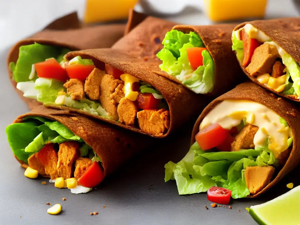 A delicious-looking McDonald's Snack Wrap with golden-brown tortilla, crispy chicken, lettuce, tomatoes, and sauce, all perfectly wrapped up in a warm, soft tortilla.