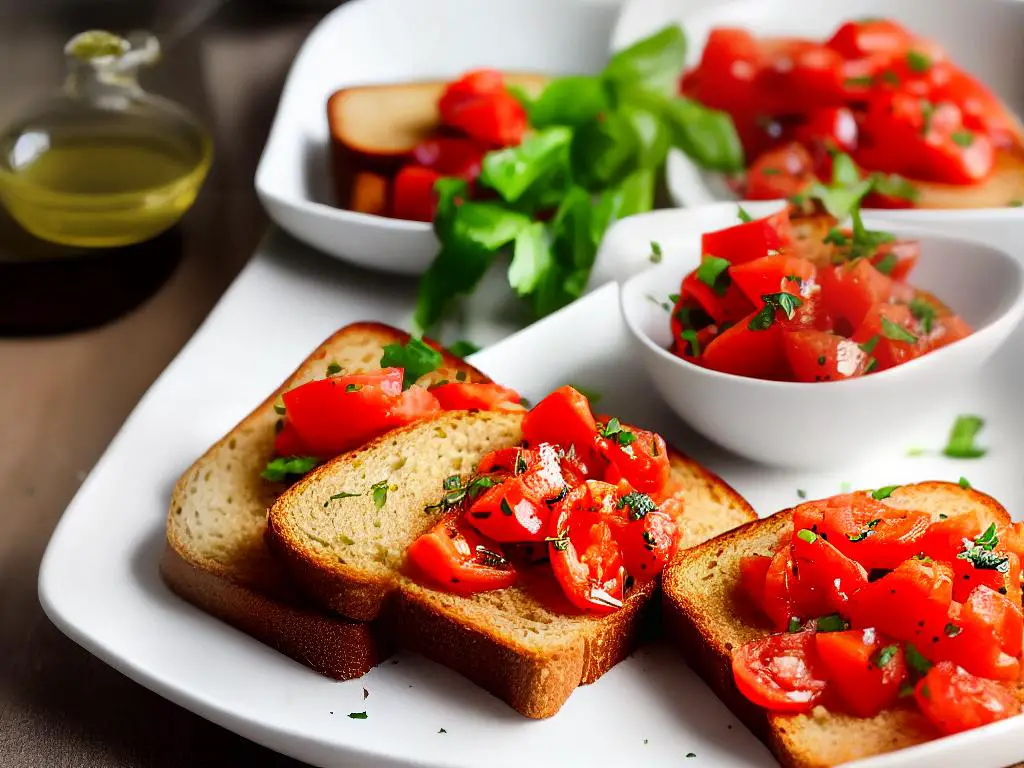 A toasted bread topped with fresh tomato and drizzled with olive oil on a plate.