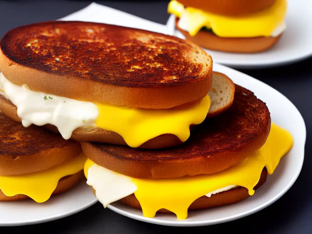 A picture of a McDonald's breakfast sandwich with melted cheese and smoked ham on toasted bread.