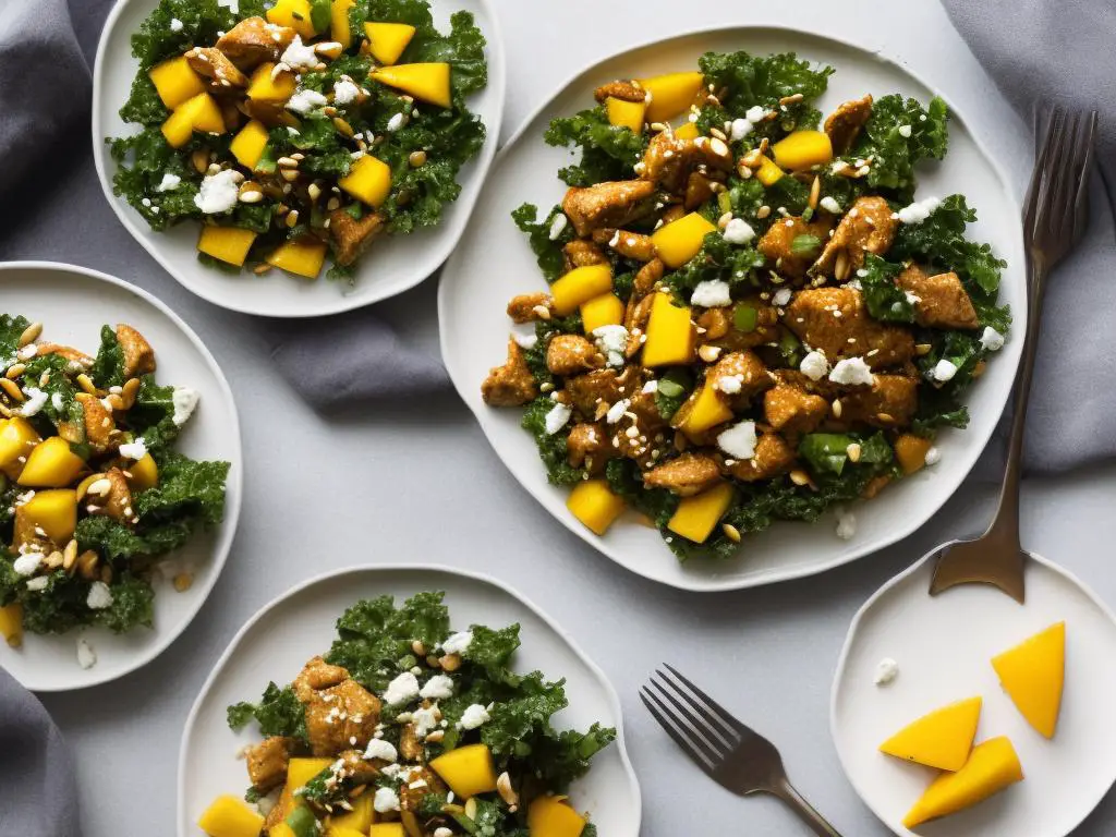 A picture of a Mango-Chili Chicken and Kale Salad on a plate with a fork and napkin next to it
