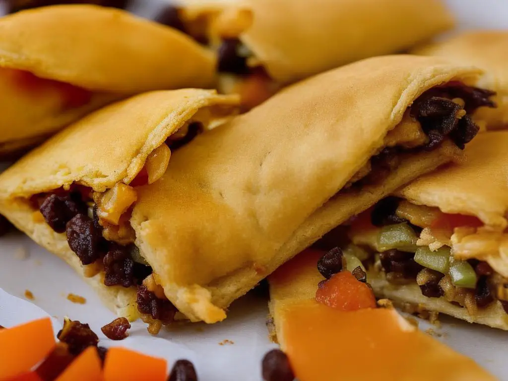A photo of a McDonald's Chile Empanada, showing its golden pastry with beef, onion, olives, and raisins visible on the inside.
