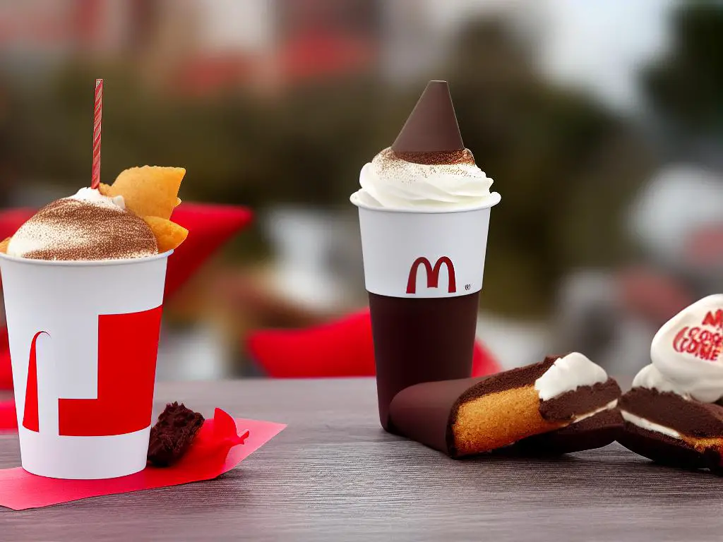 A photo of a Cono Chocoramo from McDonalds Colombia in a red cone with a chocolate and cream filling, with the McDonalds logo in the background.