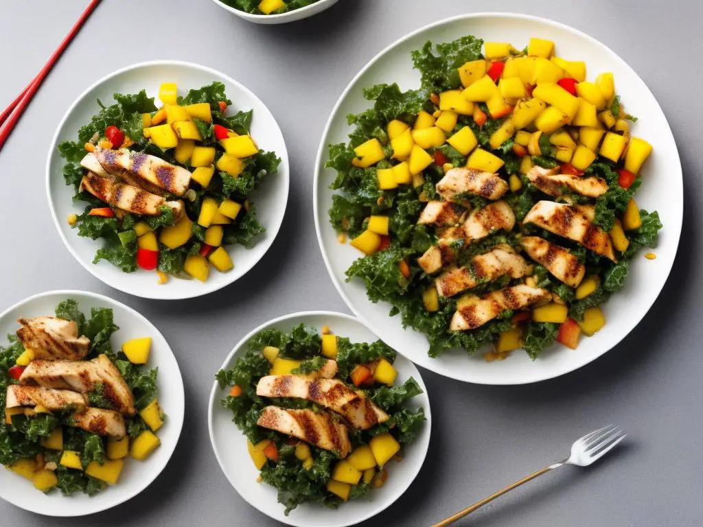 A photo of the McDonalds Sweden Mango-Chili Chicken and Kale Salad: a bed of kale topped with grilled chicken, ripe mango, red onion, and diced tomato. It is drizzled with a zesty lime dressing and sprinkled with chili flakes.