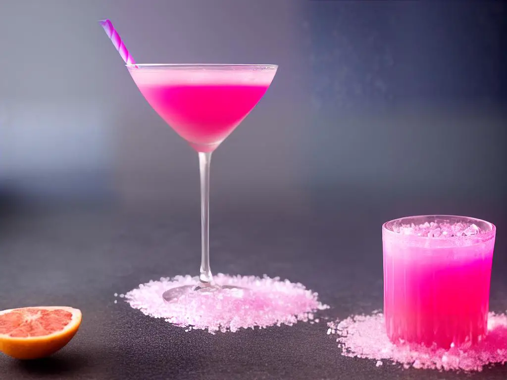 The image shows a tall glass filled with pink-coloured liquid and ice cubes. There is a slice of pink grapefruit on the rim of the glass, and the background is blurred.