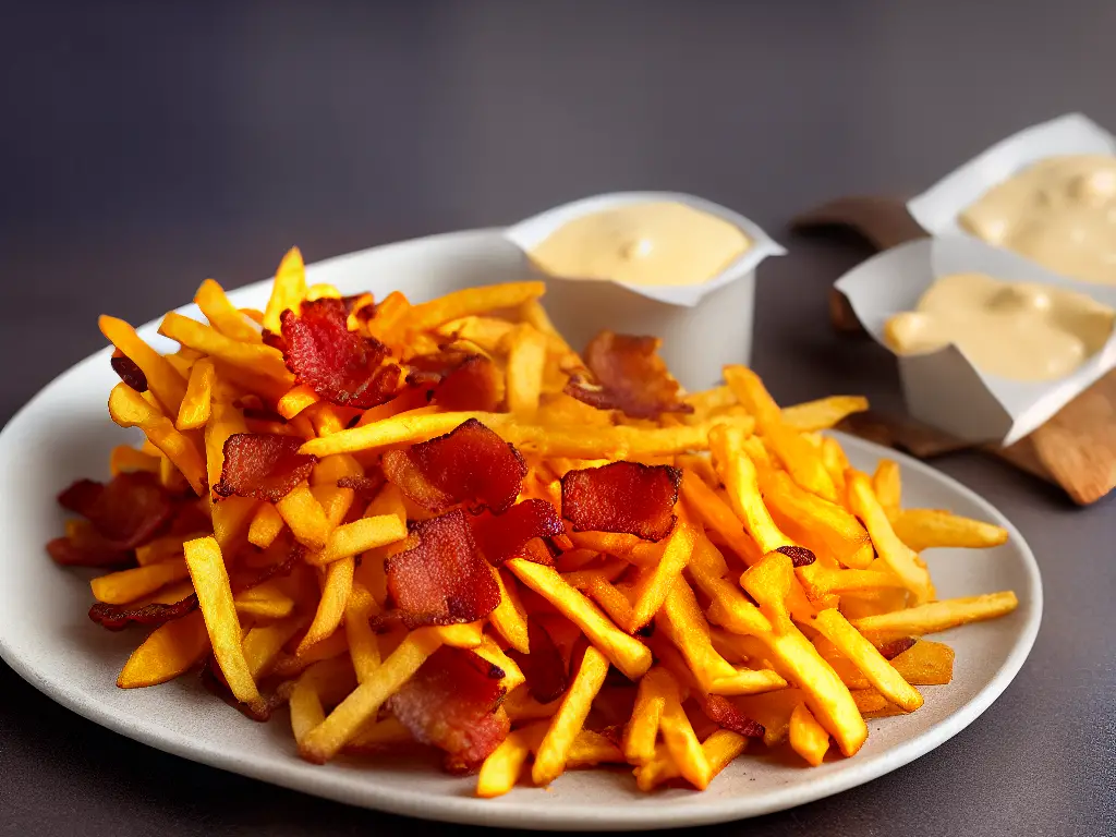 An image of McFritas Cheddar Bacon, a popular fast-food dish in Brazil consisting of crispy French fries with cheddar cheese sauce and bacon bits.