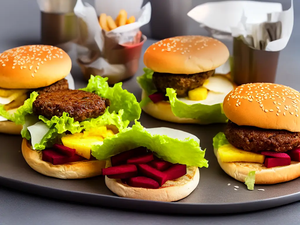 A picture of a McOz burger on a tray with fries beside it, with people gathered around. The burger is made with a beef patty, lettuce, cheese, beetroot, a slice of pineapple, and special sauce.