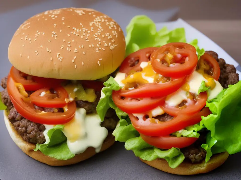 A photo of the McDonald's Chile McParty Burger with lettuce, cheese, tomato, and a sauce on a bun