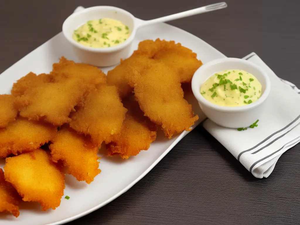 A plate of freshly fried McPatitas breaded fish fillets with a side of tartare sauce.