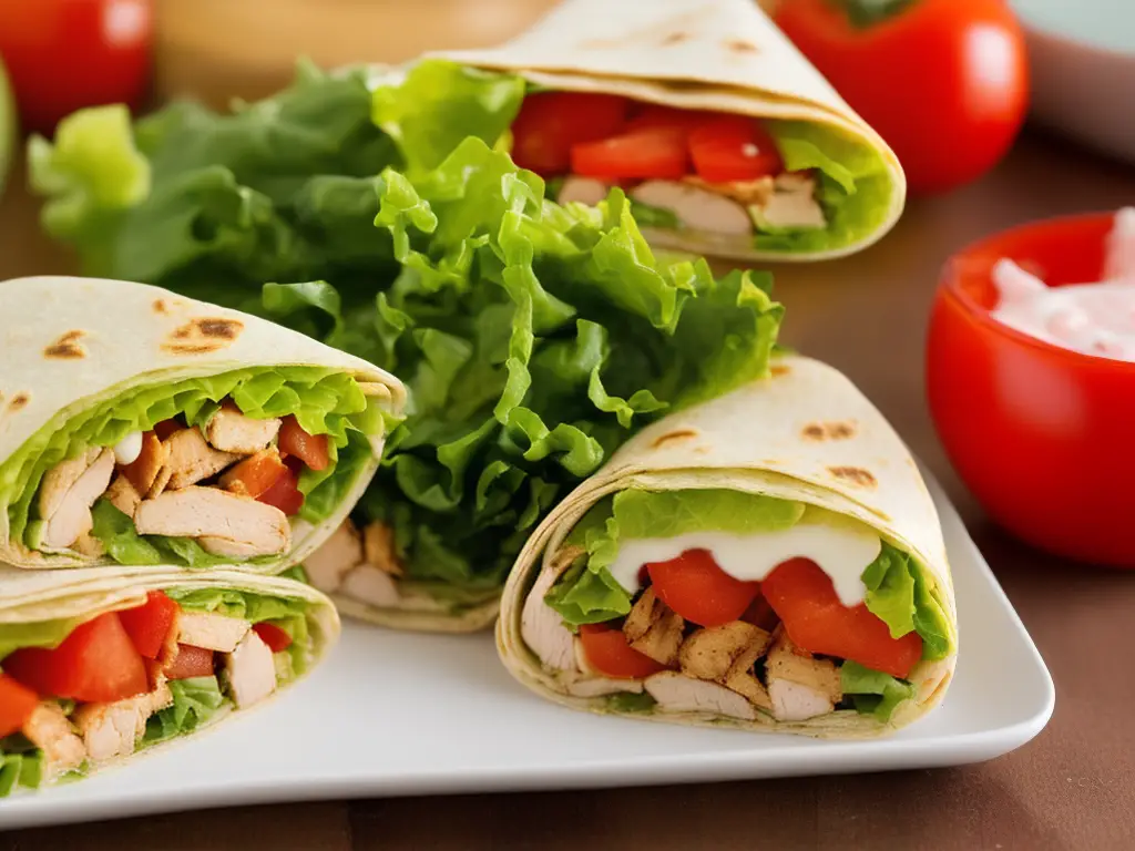 Illustration of an Argentine McWrap with chicken, lettuce, tomato, and dressing inside a folded tortilla wrap.