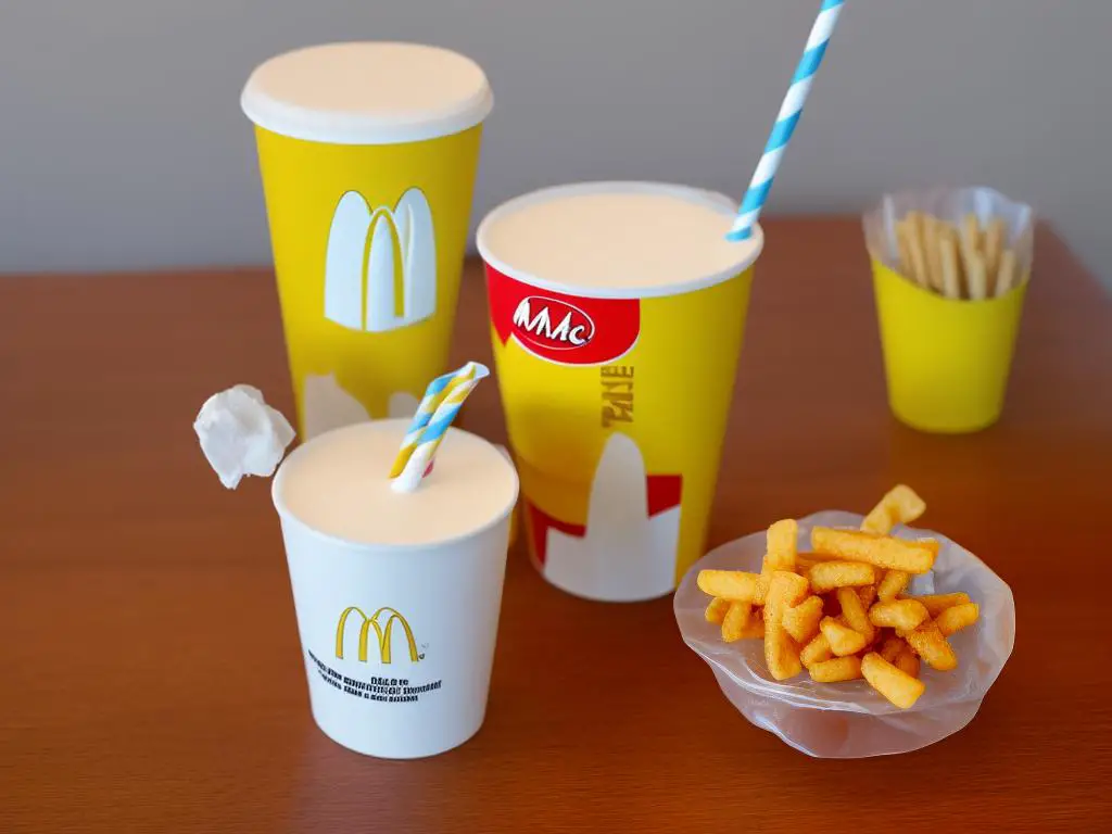 A McDonald's McShake KitKat with a straw in a yellow cup with the McDonald's logo in the background