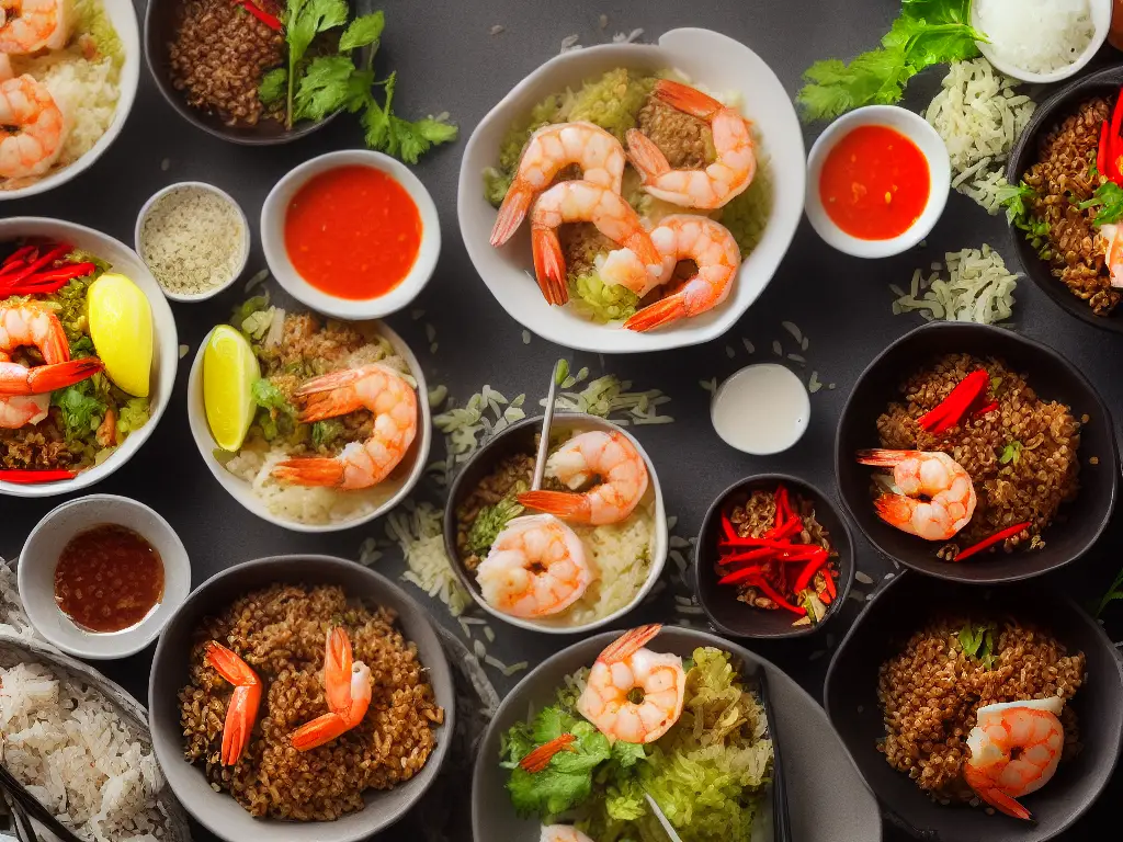 A colorful menu with pictures of various shrimp dishes in Japanese style bowls with chopsticks