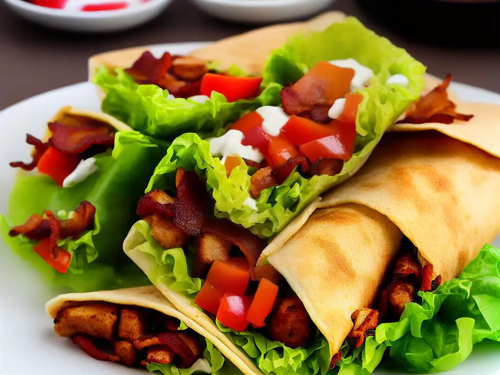 A picture showing the McWrap Chicken Crujiente & Bacon in all its glory. The wrap consists of crispy fried chicken, generous servings of bacon, lettuce, tomato, and a delicious sauce that brings all the flavours together. It looks appetising and satisfying.