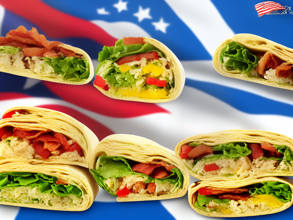 A cartoon illustration of three McWraps, each representing a different country with flags in the background - the Argentine McWrap (Argentina), the Japanese McWrap (Japan), and the Bacon & Ranch McWrap (USA)