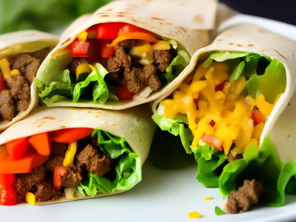 The image shows a Le Grand McWrap from McDonald's Morocco filled with delicious ingredients and wrapped in a soft tortilla shell. The image is a close-up of the wrap, showcasing the various toppings and fillings, such as lettuce, cheese, and sauce, spilling out of the wrap.