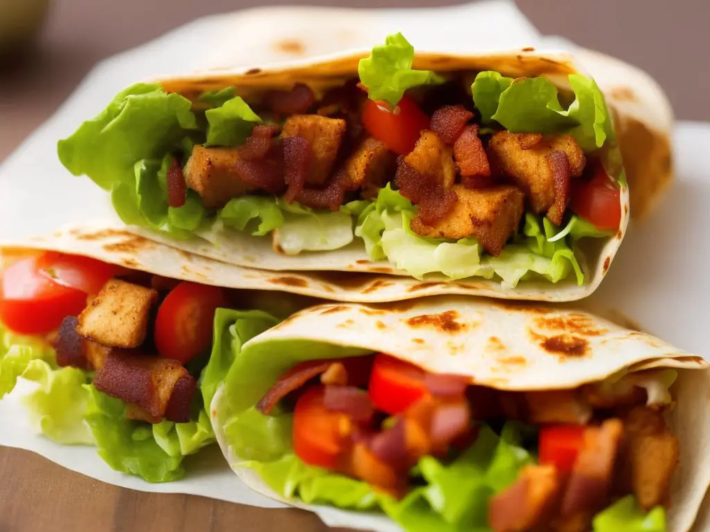 A picture of the McWrap Smokehouse Gourmet with crispy chicken, lettuce, tomatoes, onion, bacon, and barbecue sauce all wrapped in a soft flour tortilla.