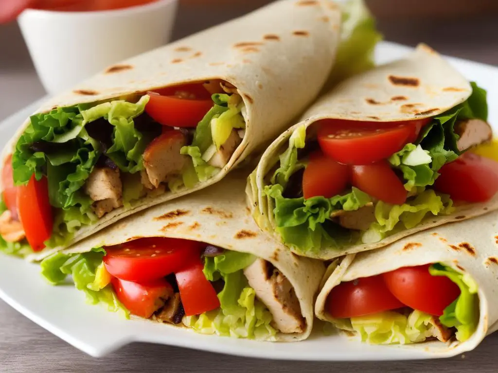 A photo of the McDonald's Honduras McWrap Smokehouse Gourmet, a wrap with juicy grilled chicken and fresh vegetables wrapped in a soft tortilla, with a side of tomato sauce.