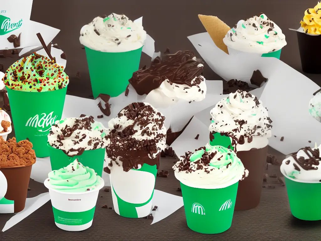 A compilation of different mint-chocolate desserts from different fast-food chains: a McFlurry, a Blizzard, a milkshake, and a Frosty. They all have green mint-flavored ice cream or soft serve and are topped with various chocolate bits and pieces.