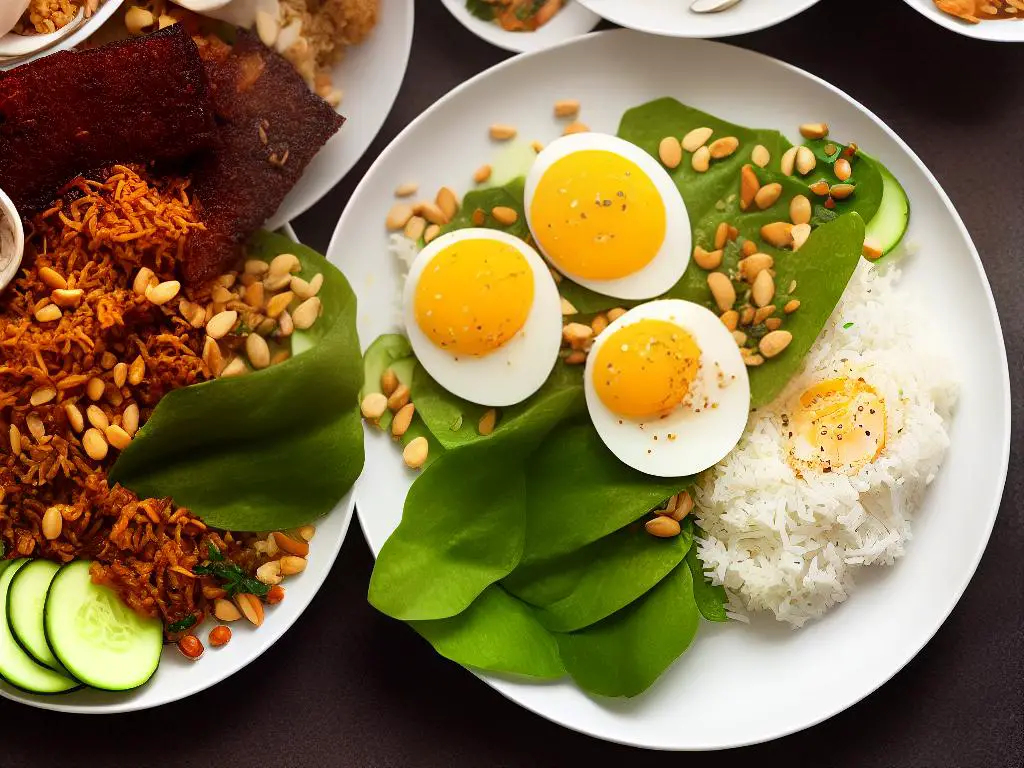 A plate of Nasi Lemak with rice cooked in coconut milk, with side dishes of spicy sambal, crispy anchovies, boiled eggs, crunchy peanuts, and cucumbers, on a banana leaf.