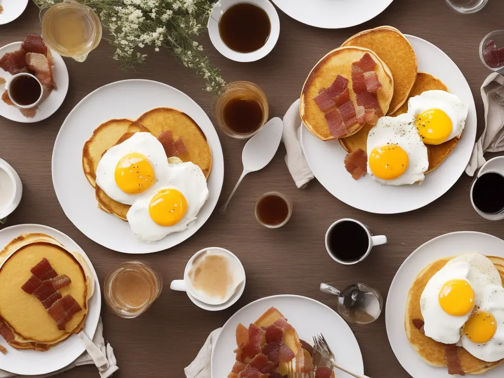 The image shows a spread of New York-style pancakes with maple syrup, crispy bacon, bagels with cream cheese and smoked salmon, and Eggs Benedict with a cup of coffee on a wooden table decorated with flowers and fruits. 
