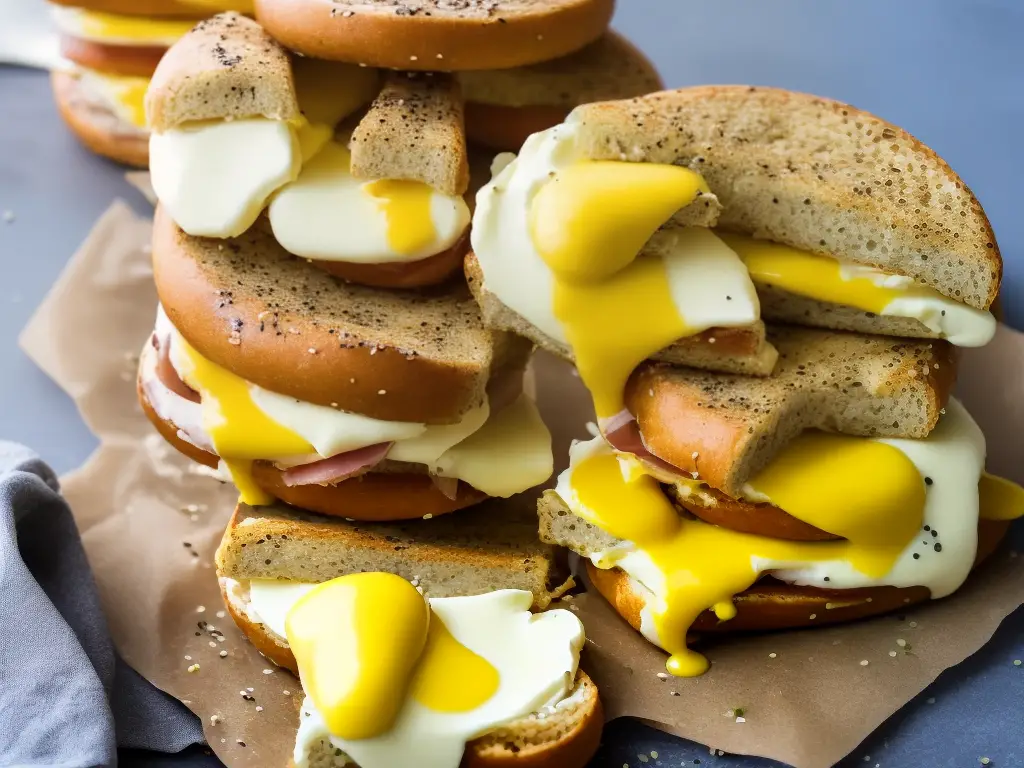 A delicious bagel sandwich filled with perfectly cooked eggs, Canadian bacon, and creamy hollandaise sauce, all sandwiched together for a yummy breakfast option.