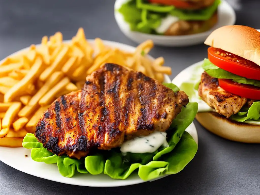 An image of the McDonald's NZ Grilled Chicken Almighty Meal with fresh lettuce, tomato, and cucumber on a toasted buttery bun, served with fries and a drink.