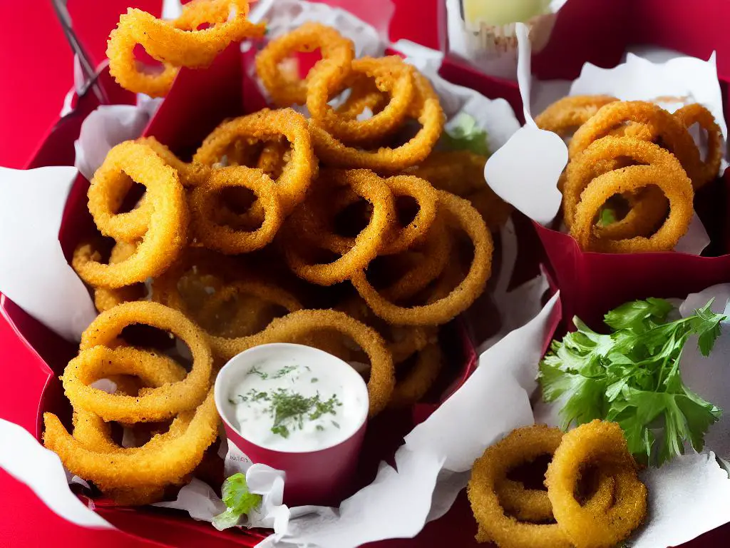 Image of McDonald's Israel onion rings - crispy, deep-fried onion rings served in a paper box on a red tray with a logo.