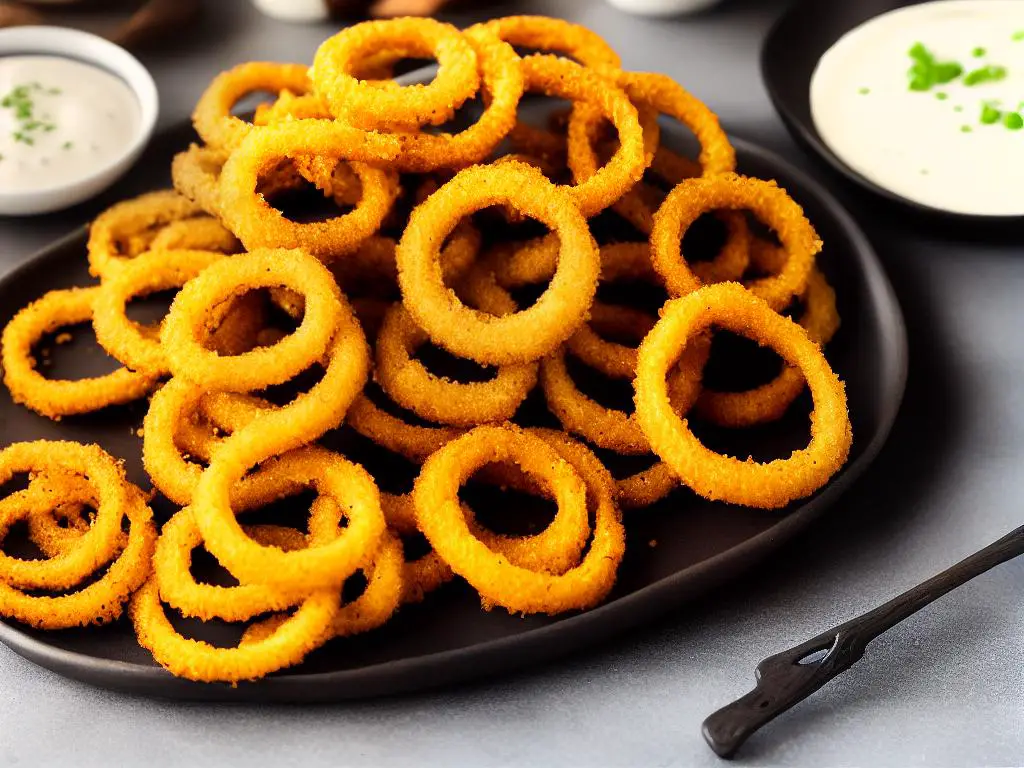 A stack of crispy and golden onion rings sitting on a plate with a side of dipping sauce.