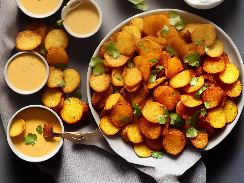 Golden and crispy Papas Duquesas with dipping sauce