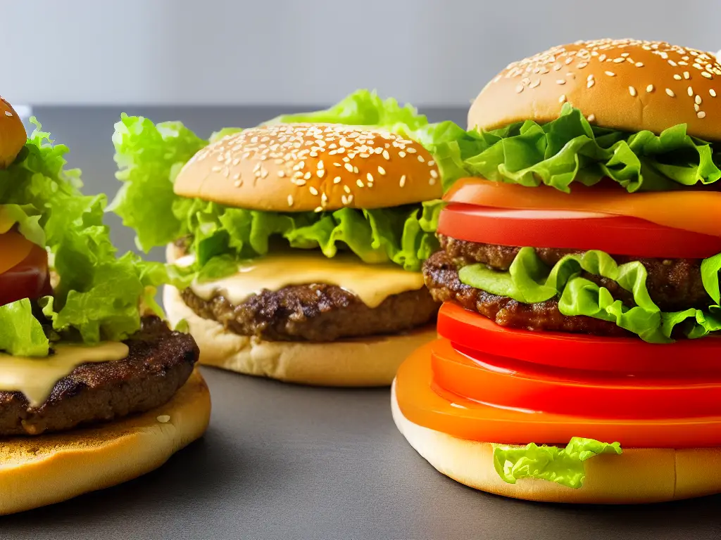 A delicious looking burger with a grilled patty, lettuce, tomatoes, and sauce. The bun is carved with the McDonald's logo.
