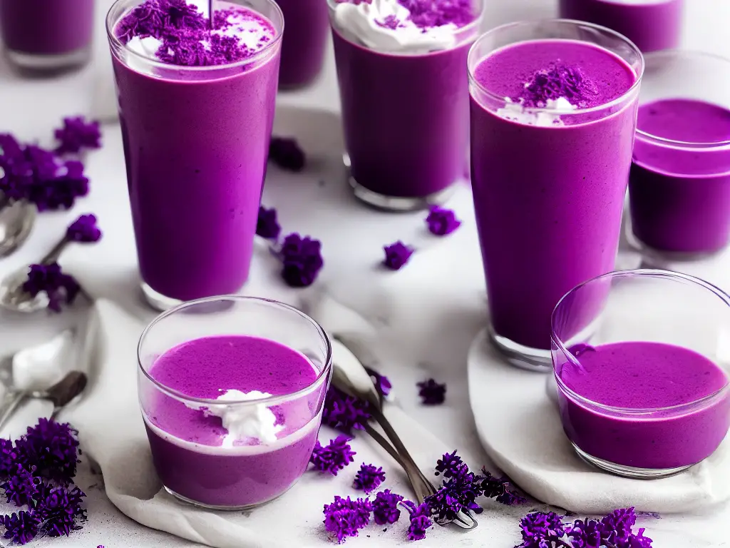 A tall glass filled with a smooth purple milkshake, swirled with white and purple patterns. It is topped with a dollop of whipped cream and a sprinkle of purple Ube crumbles.