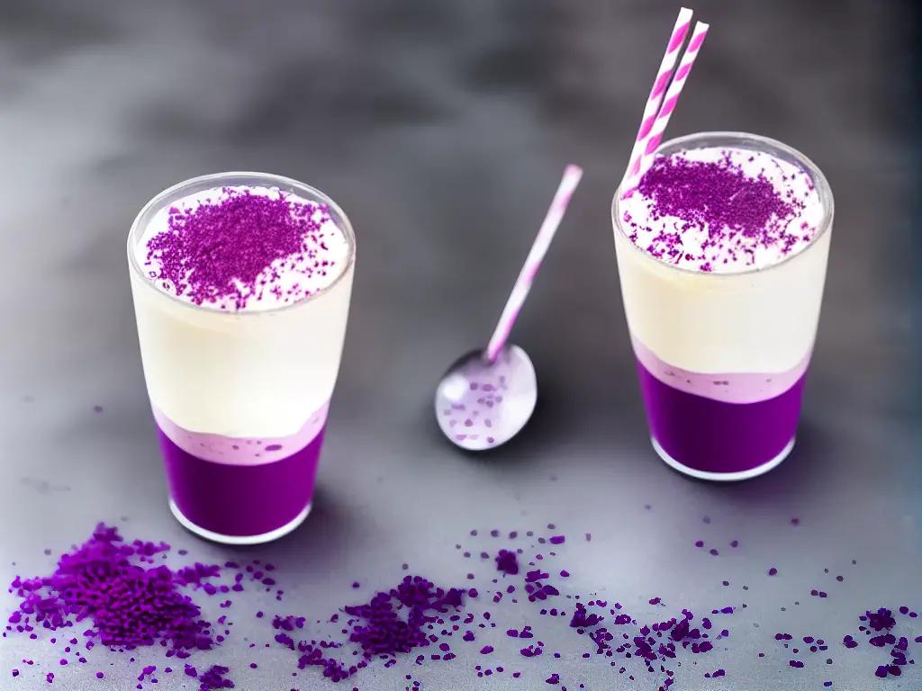 A McDonald's Purple McShake in a transparent cup with a whipped cream topping and purple sprinkles on top of the cream